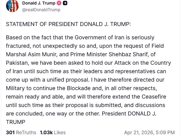 Trump prorroga cessar-fogo contra o Irã a pedido do Paquistão