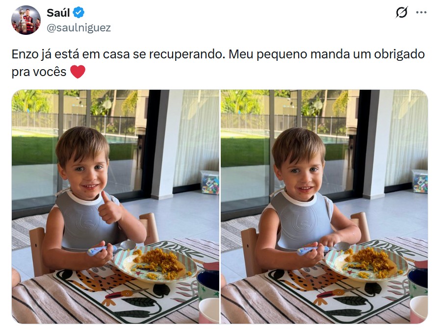 Filho de Saúl, do Flamengo, volta para casa após ficar na UTI; jogador agradece apoio