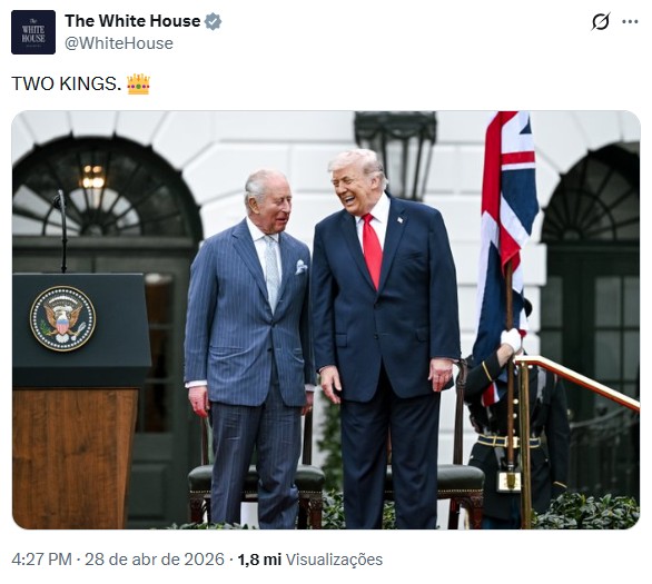 Casa Branca posta foto de Trump com Charles III e escreve: ‘Dois reis’