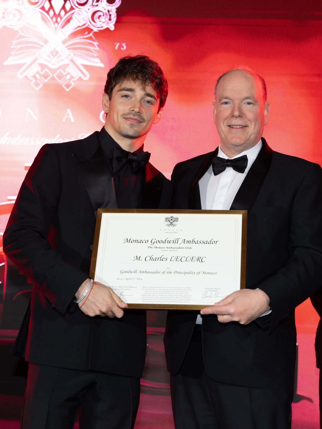 Leclerc recebe do príncipe de Mônaco título de Embaixador da Boa Vontade