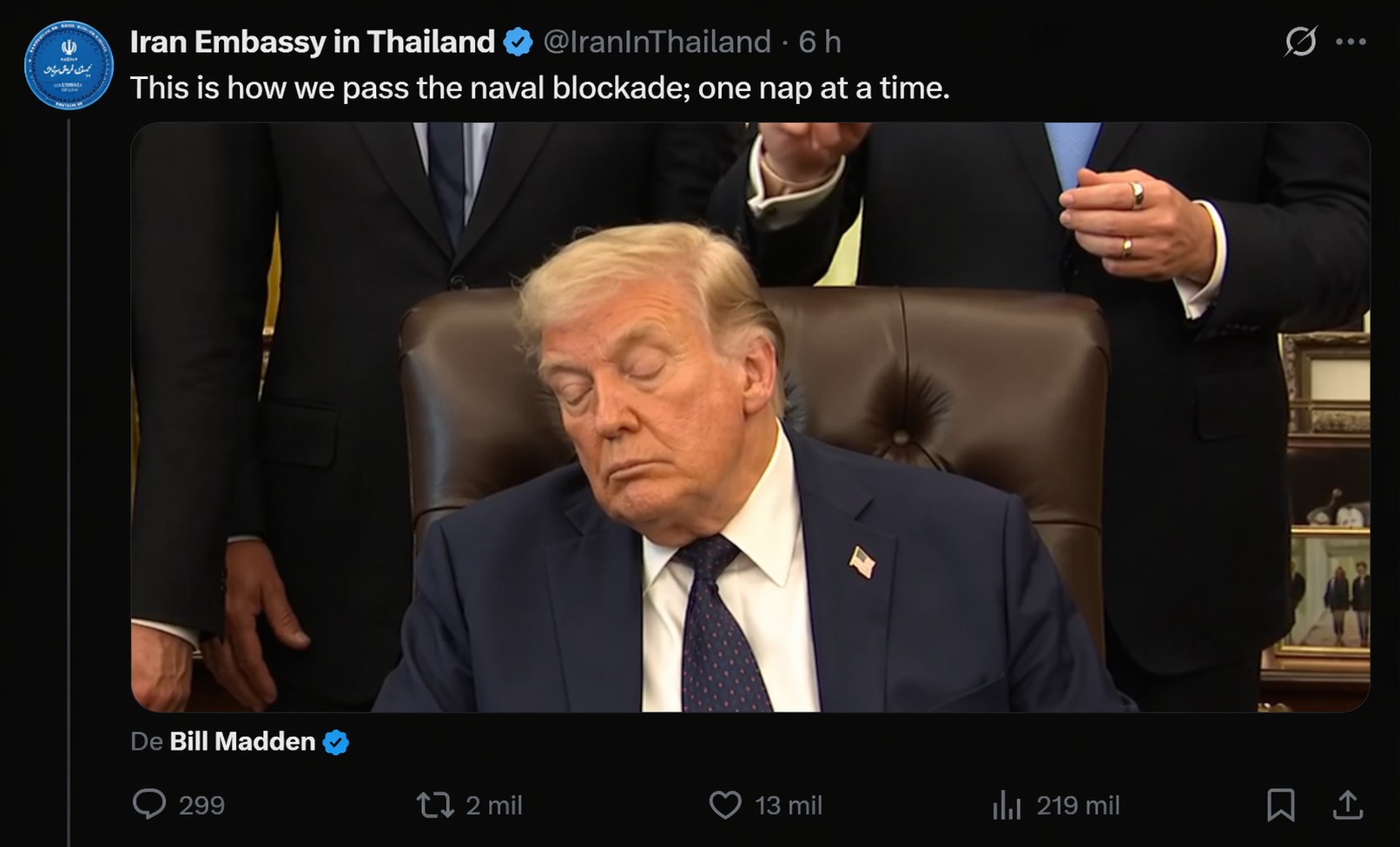 ‘É assim que passamos o bloqueio naval; uma soneca de cada vez’: Irã provoca Trump após aparente cochilo em reunião; VÍDEO