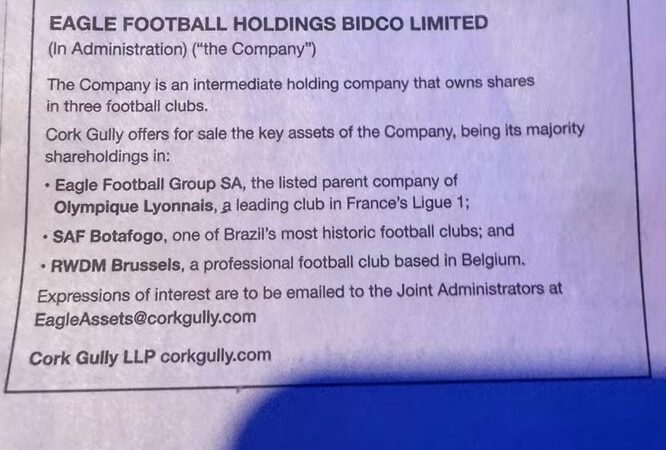Administradora coloca SAF do Botafogo à venda em anúncio de jornal britânico