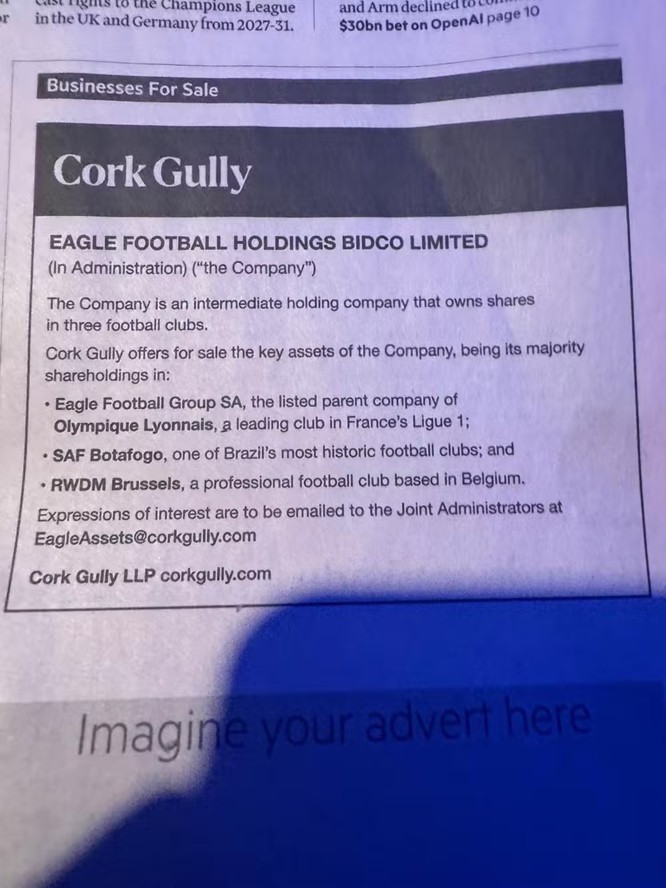 Administradora coloca SAF do Botafogo à venda em anúncio de jornal britânico