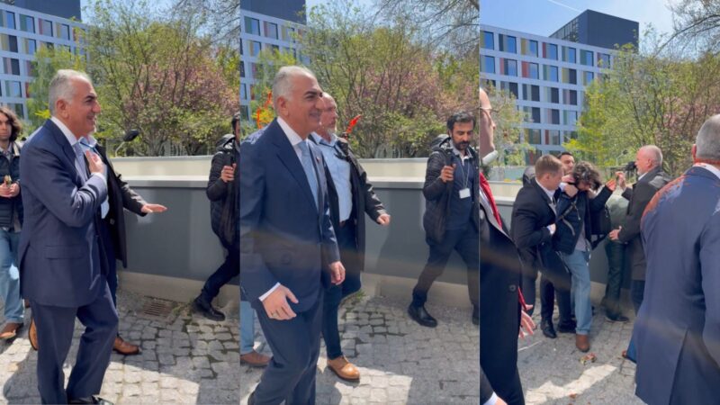 Príncipe herdeiro do Irã tem tinta jogada em suas costas em evento em Berlim