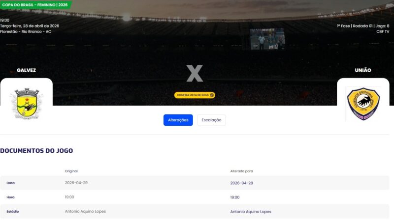 Jogo entre Galvez x União-MT, pela 1ª fase da Copa do Brasil Feminina, é antecipado