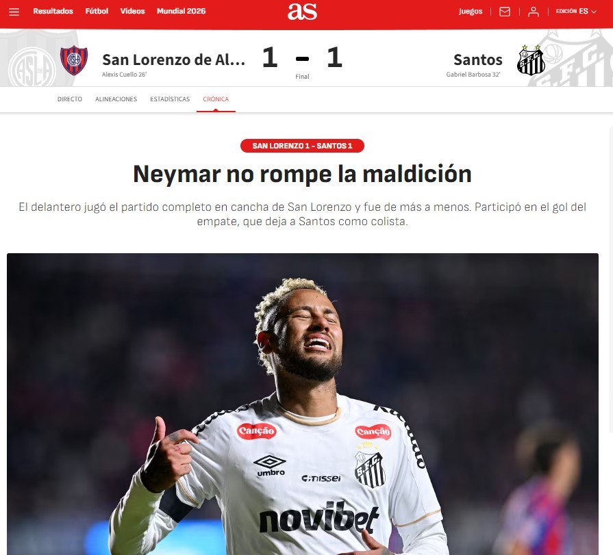 Jornal espanhol aponta momentos de brilho de Neymar contra o San Lorenzo: “Lampejos de genialidade técnica”