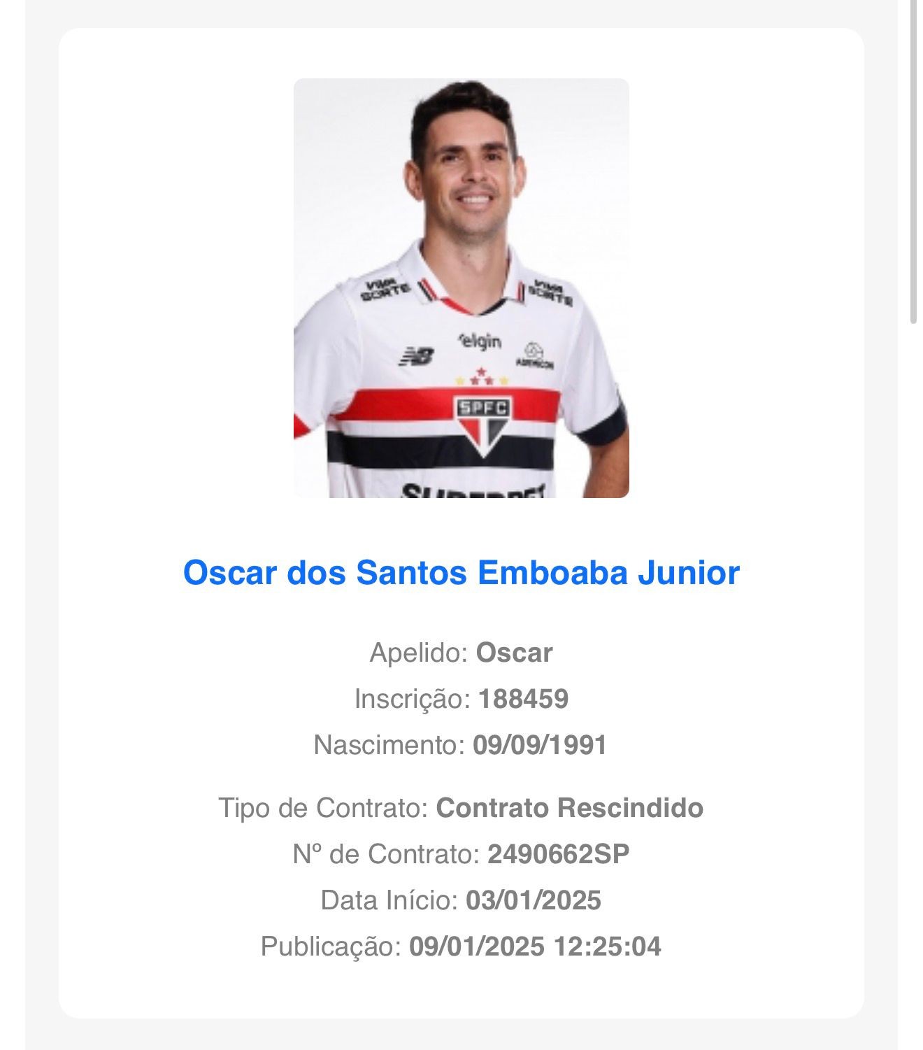 São Paulo e Oscar assinam rescisão de contrato