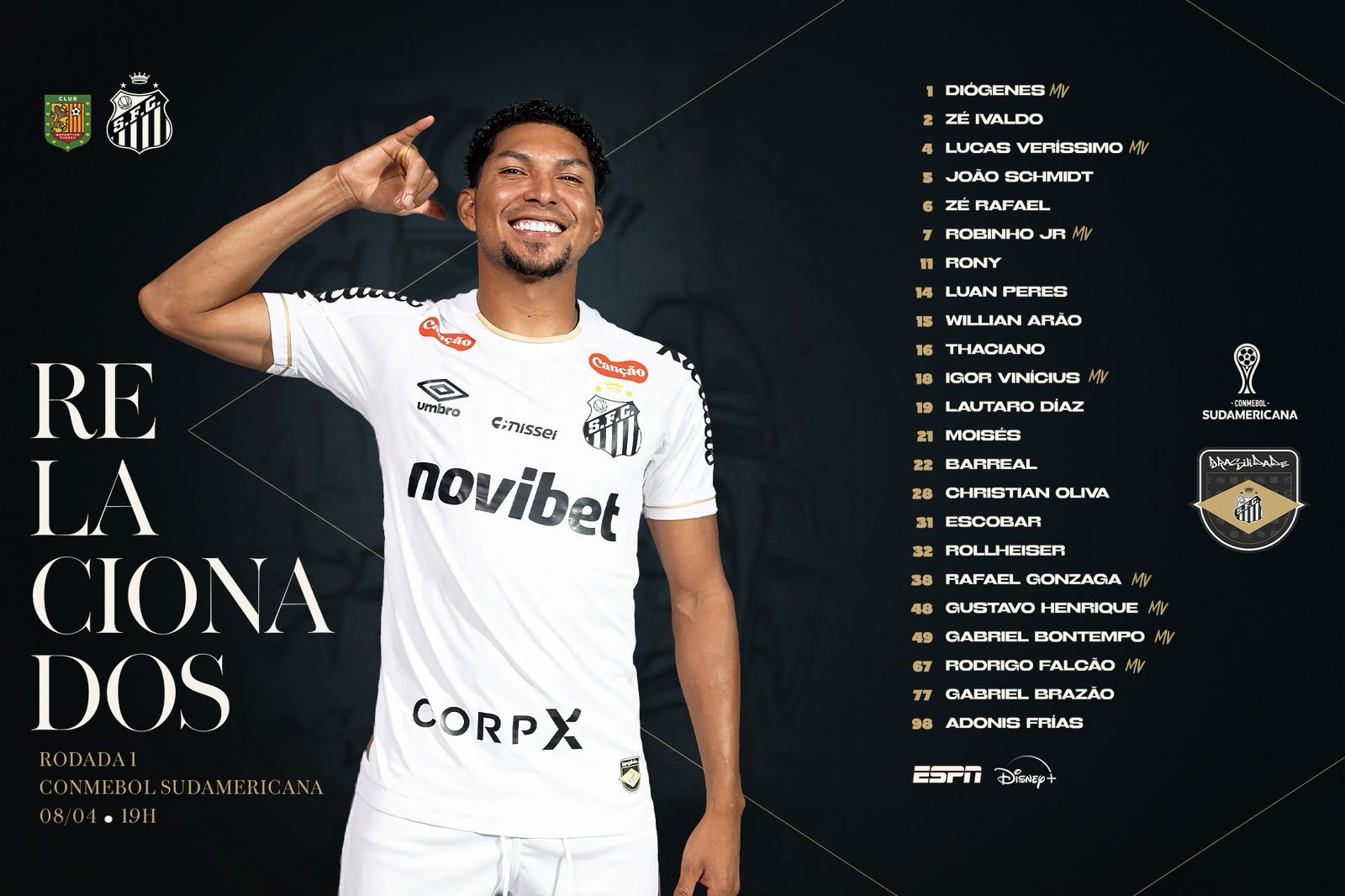 Cuca relaciona 23 jogadores para a estreia do Santos na Sul-Americana; veja a lista