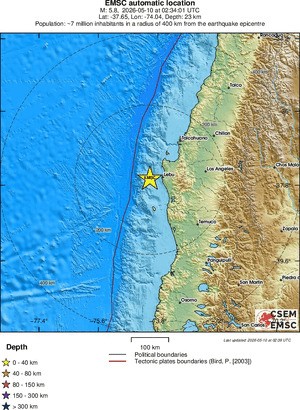 Terremoto de magnitude 5,8 atinge região de Bio-Bio, no Chile