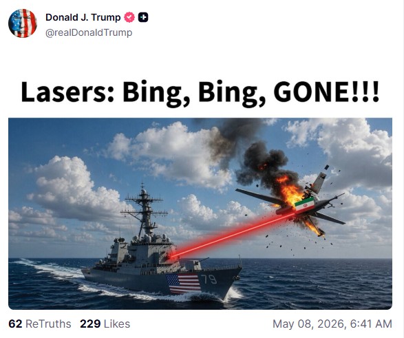 Trump publica imagem de IA para zombar de ataque iraniano contra navios de guerra dos EUA