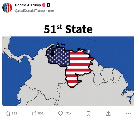 Trump posta mapa da Venezuela como 51º estado dos EUA