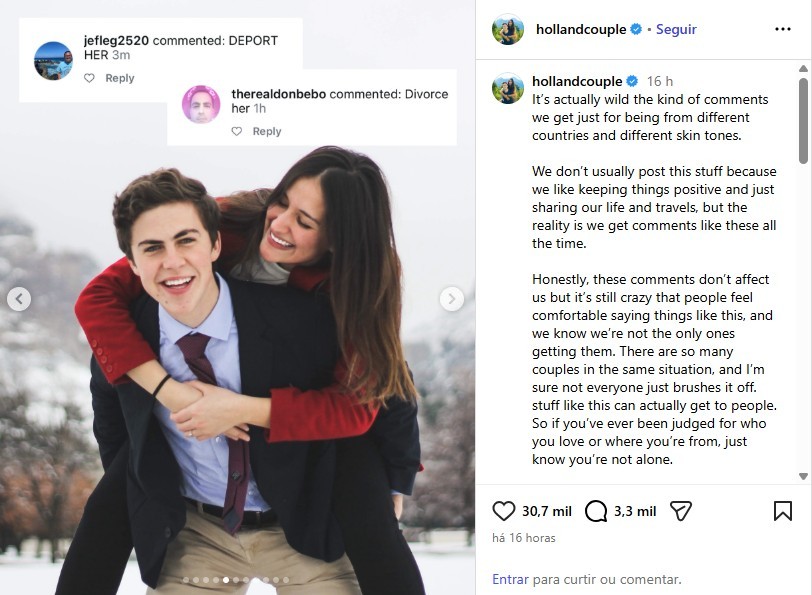 Influenciadora brasileira diz ser alvo de xenofobia ao postar fotos com marido dos EUA: ‘Por que não acha uma mulher branca?’