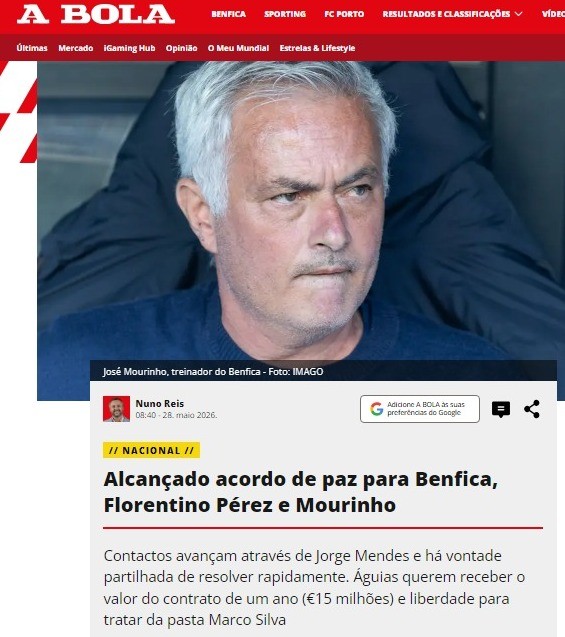 Florentino Pérez e Benfica avançam em acordo para Mourinho voltar ao Real Madrid