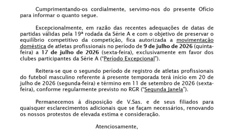 CBF abre janela extraordinária, e clubes da Série A poderão registrar jogadores antes da 19ª rodada