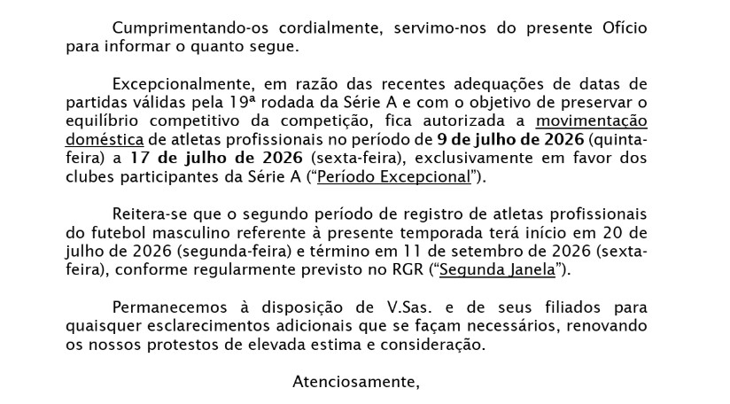 CBF abre janela extraordinária, e clubes da Série A poderão registrar jogadores antes da 19ª rodada