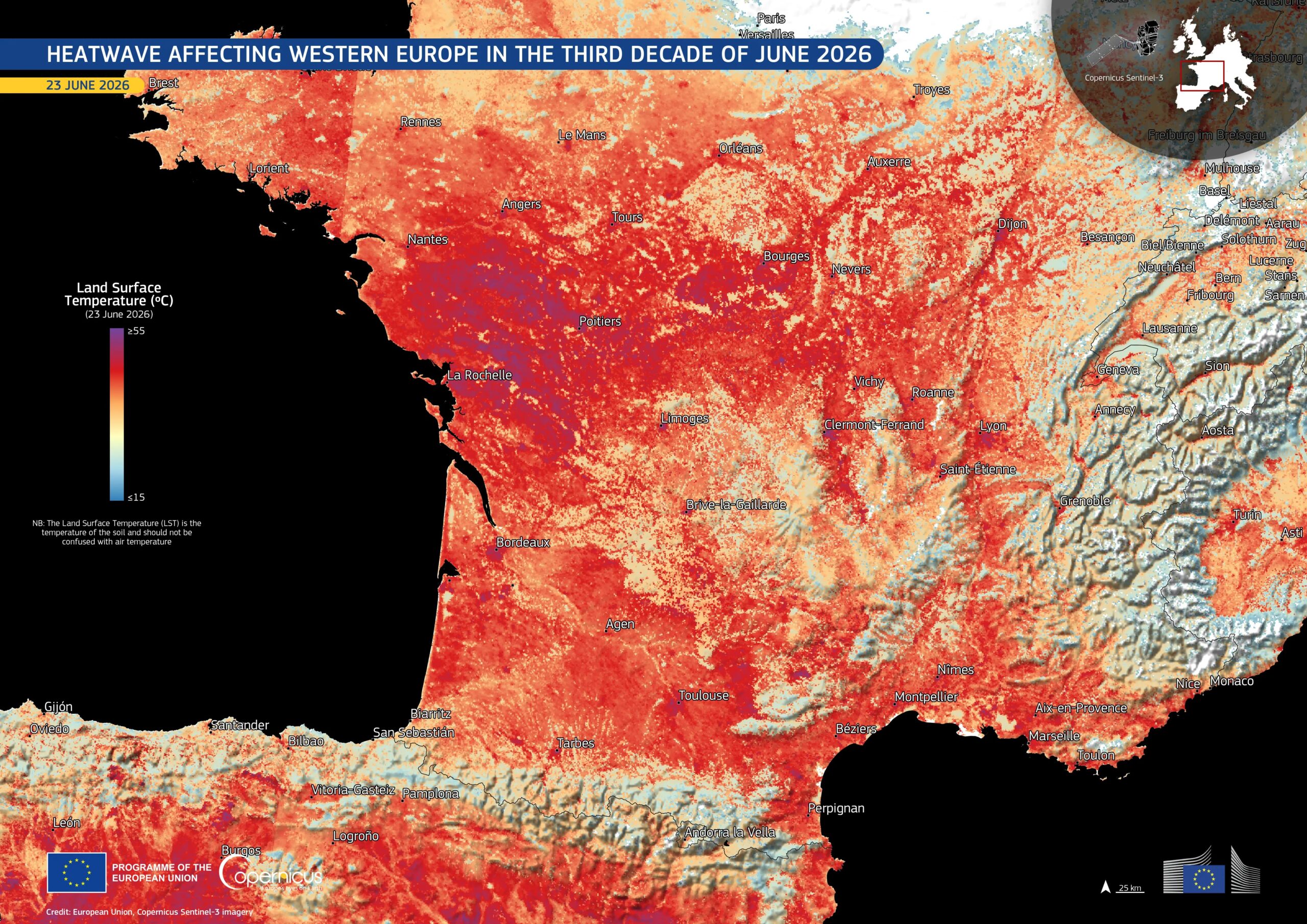 Imagem de satélite mostra calor extremo acima de 50ºC na França e na Espanha; VEJA