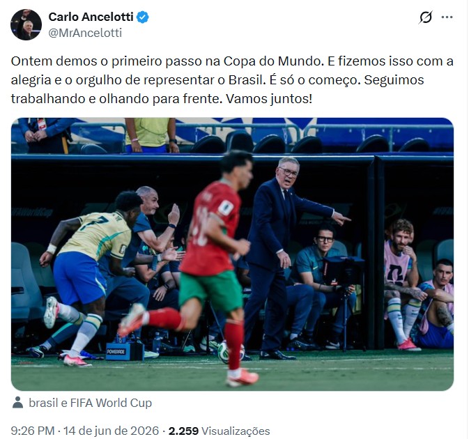 Ancelotti posta após estreia do Brasil: “É só o começo, seguimos olhando para frente”