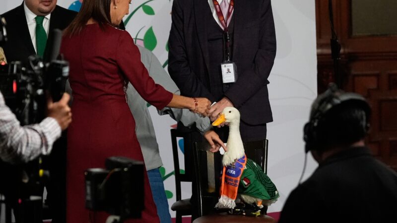 Presidente do México recebe o pato Merlín, mascote da seleção mexicana na Copa