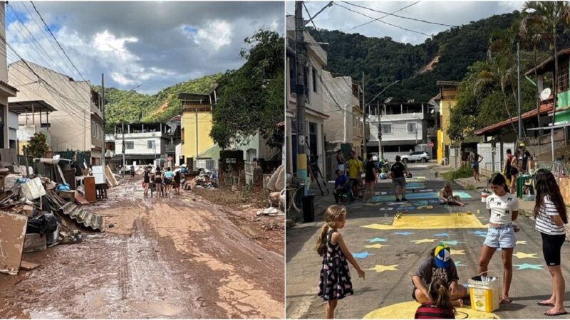 Bairro destruído por enchente há quatro meses é coberto de verde e amarelo para Copa do Mundo