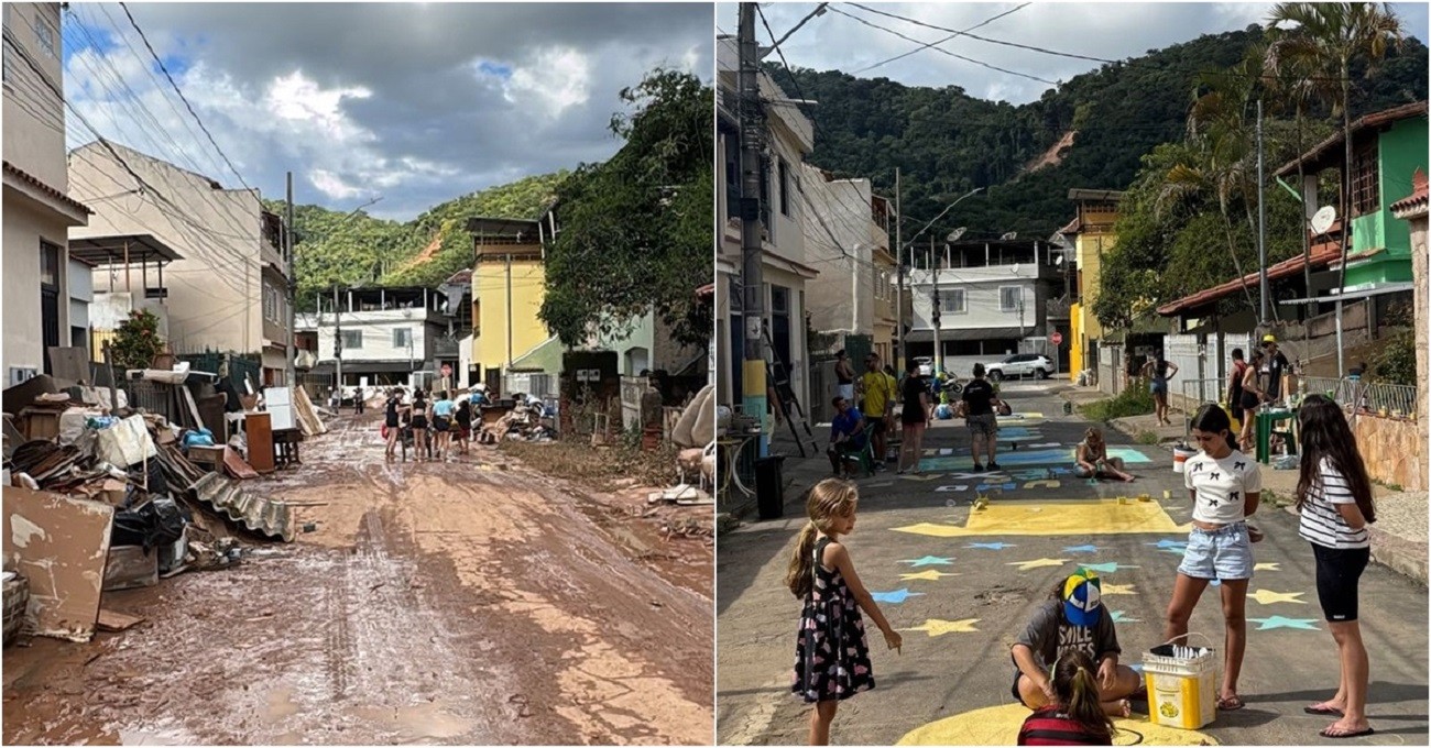Bairro destruído por enchente há quatro meses é coberto de verde e amarelo para Copa do Mundo