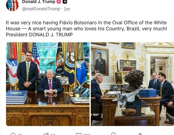 Trump faz post com foto ao lado de Flávio Bolsonaro