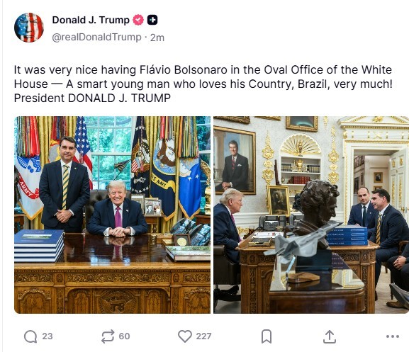 Trump faz post com foto ao lado de Flávio Bolsonaro