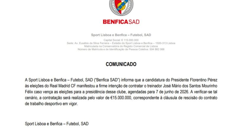 Benfica anuncia que Florentino Pérez pagará R$ 88,6 milhões para levar José Mourinho ao Real Madrid