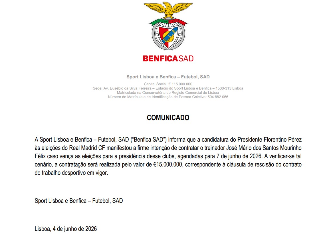 Benfica anuncia que Florentino Pérez pagará R$ 88,6 milhões para levar José Mourinho ao Real Madrid
