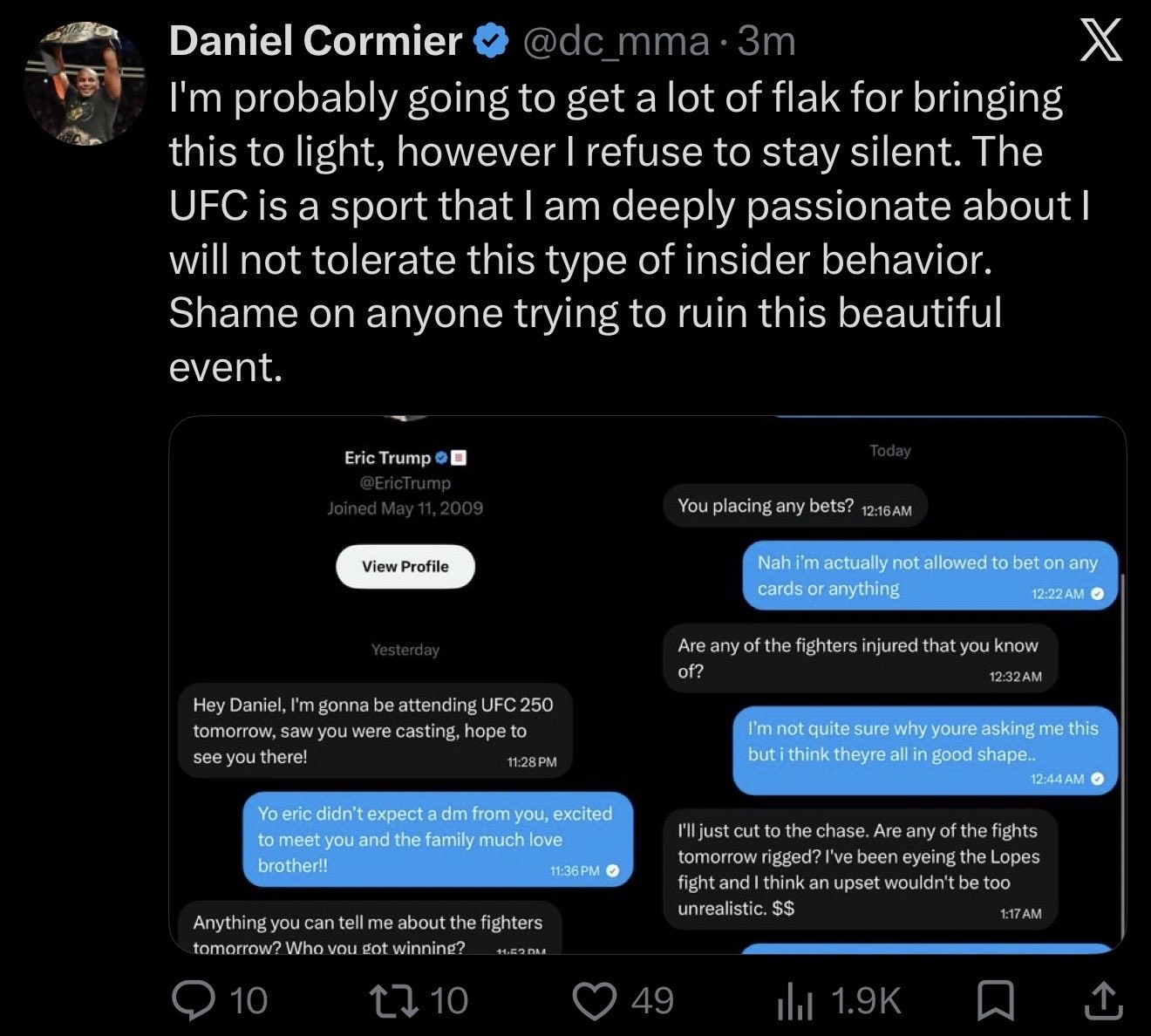 Ex-campeão do UFC publica supostas mensagens sobre apostas de filho de Trump