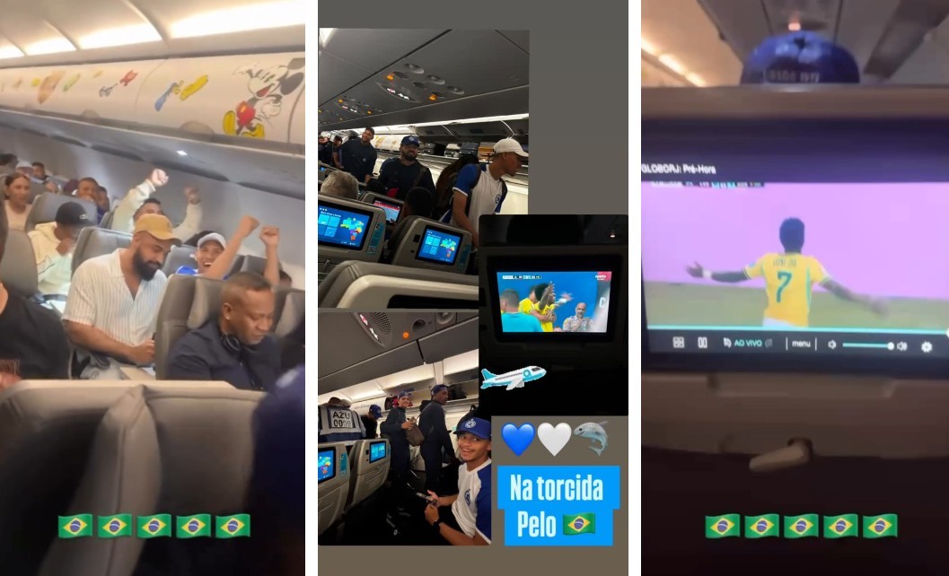 Jogadores festejam vitória do Brasil na Copa dentro de avião antes de decisão na Série D; assista