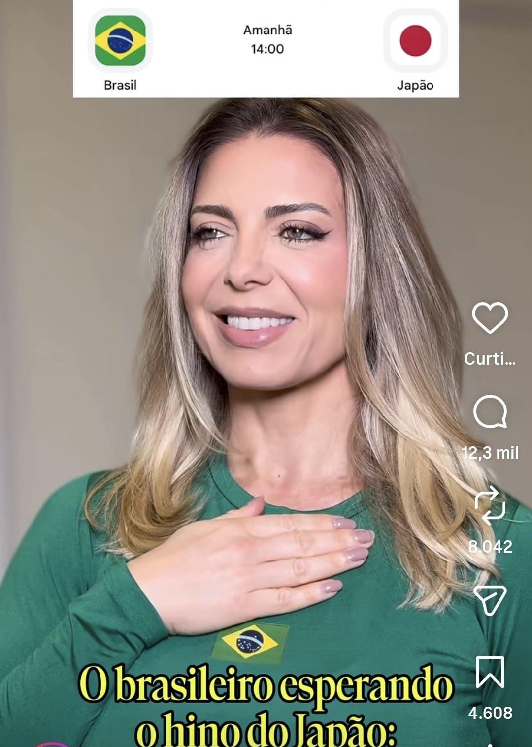 Sheila Mello brinca com Brasil x Japão e relembra “hino ArigaTchan” na véspera de jogo