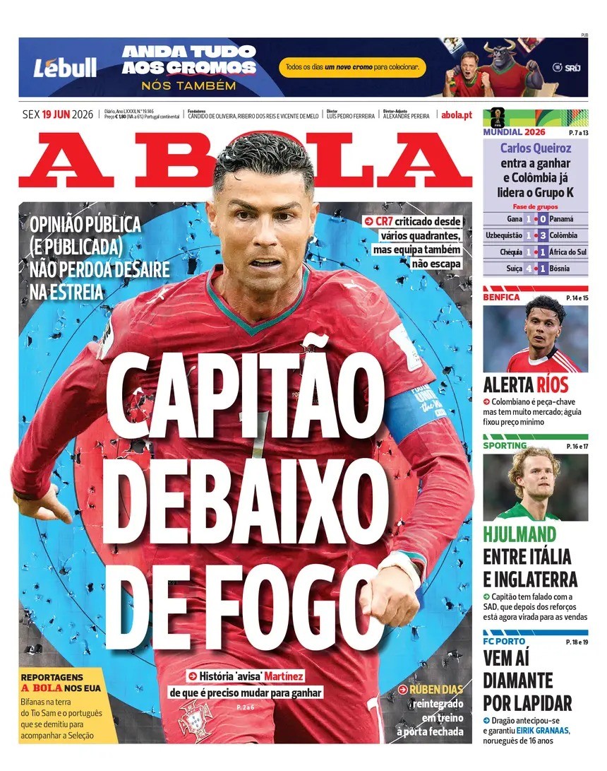 Jornal português estampa CR7 na capa e fala em pressão após estreia: “Capitão debaixo de fogo”