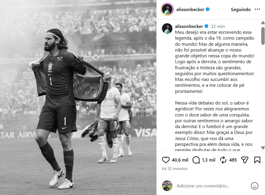 Alisson diz que Brasil segue na busca pelo hexa: “Nessa vida debaixo do sol, o sabor é agridoce”