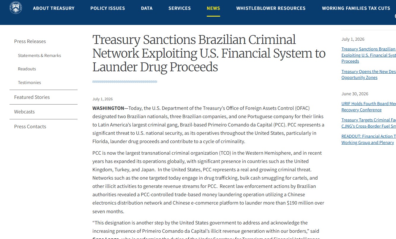 O que acontece agora com os brasileiros sancionados pelos EUA por ligação com o PCC? Entenda