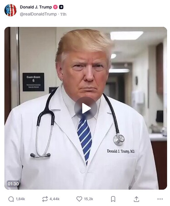 Trump posta vídeo de IA em que aparece como médico ‘curando’ opositores famosos