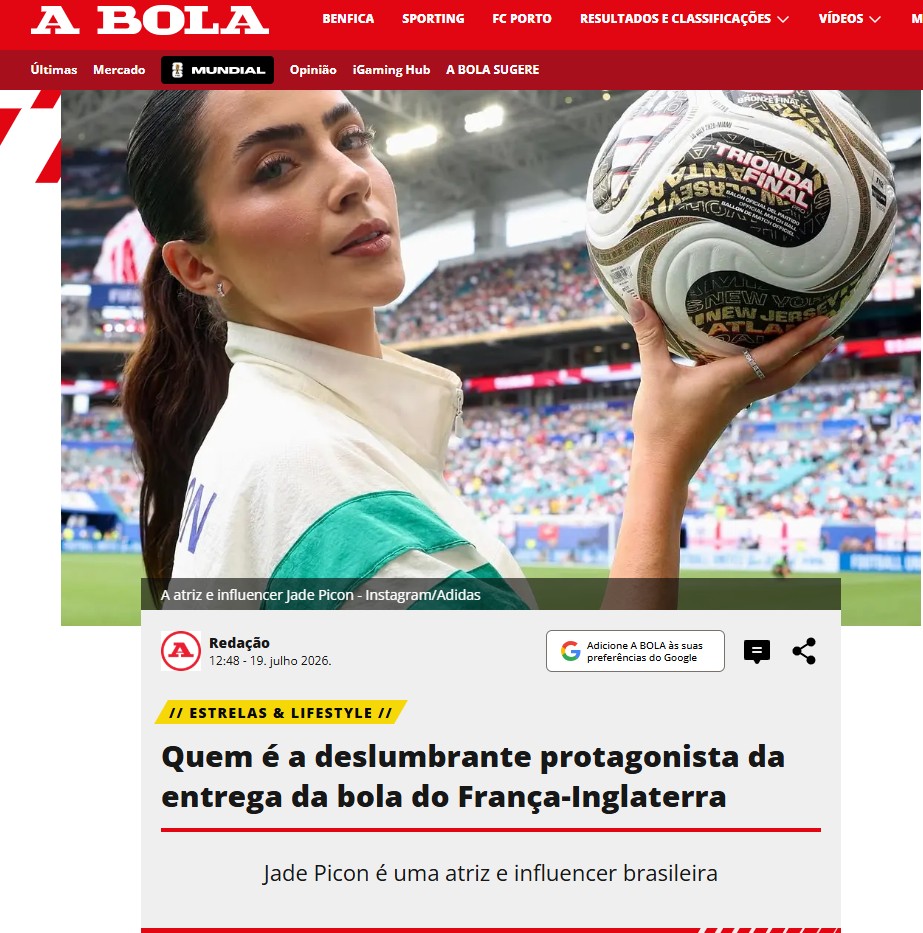 Jornal se rende a Jade Picon após presença em França x Inglaterra: “Deslumbrante”