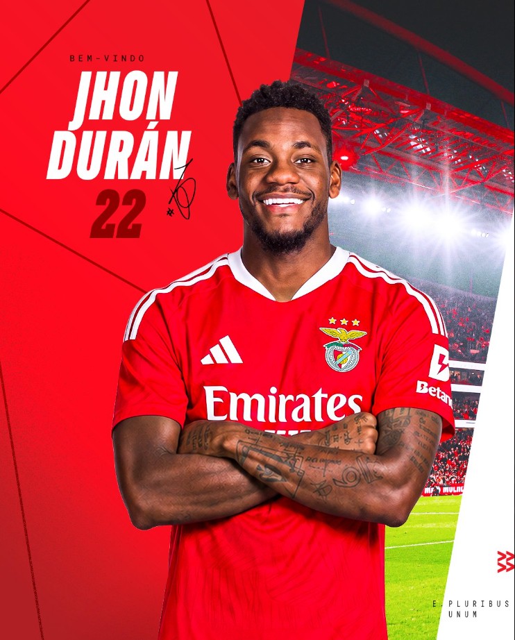 Jhon Durán acerta com o Benfica e chega ao sexto clube em três anos
