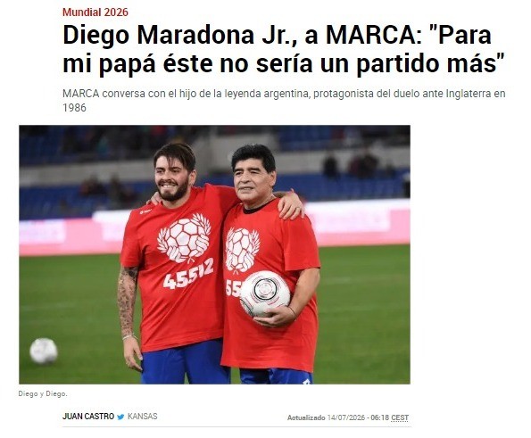 Filho de Maradona sobre Argentina x Inglaterra: “Para o meu pai, não seria mais uma partida”