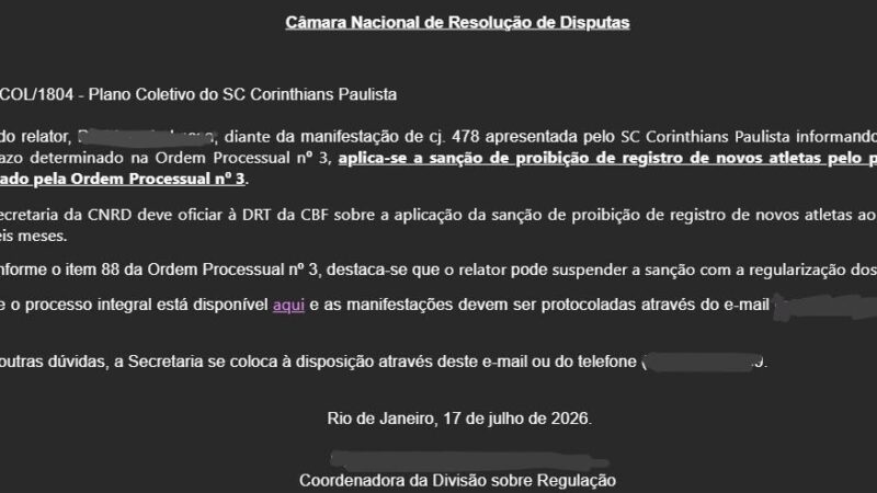 Corinthians sofre terceiro transfer ban por atraso em parcela da CNRD
