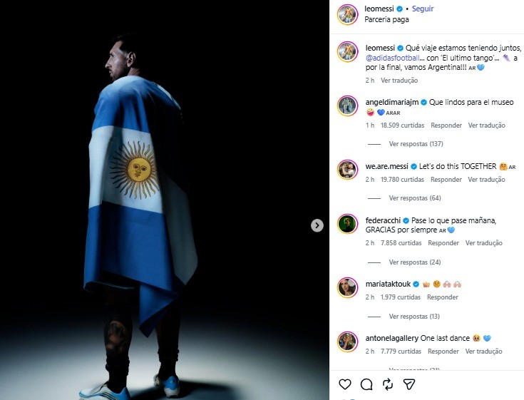Messi se enrosca na bandeira de Argentina em post de patrocinador: “Último tango”