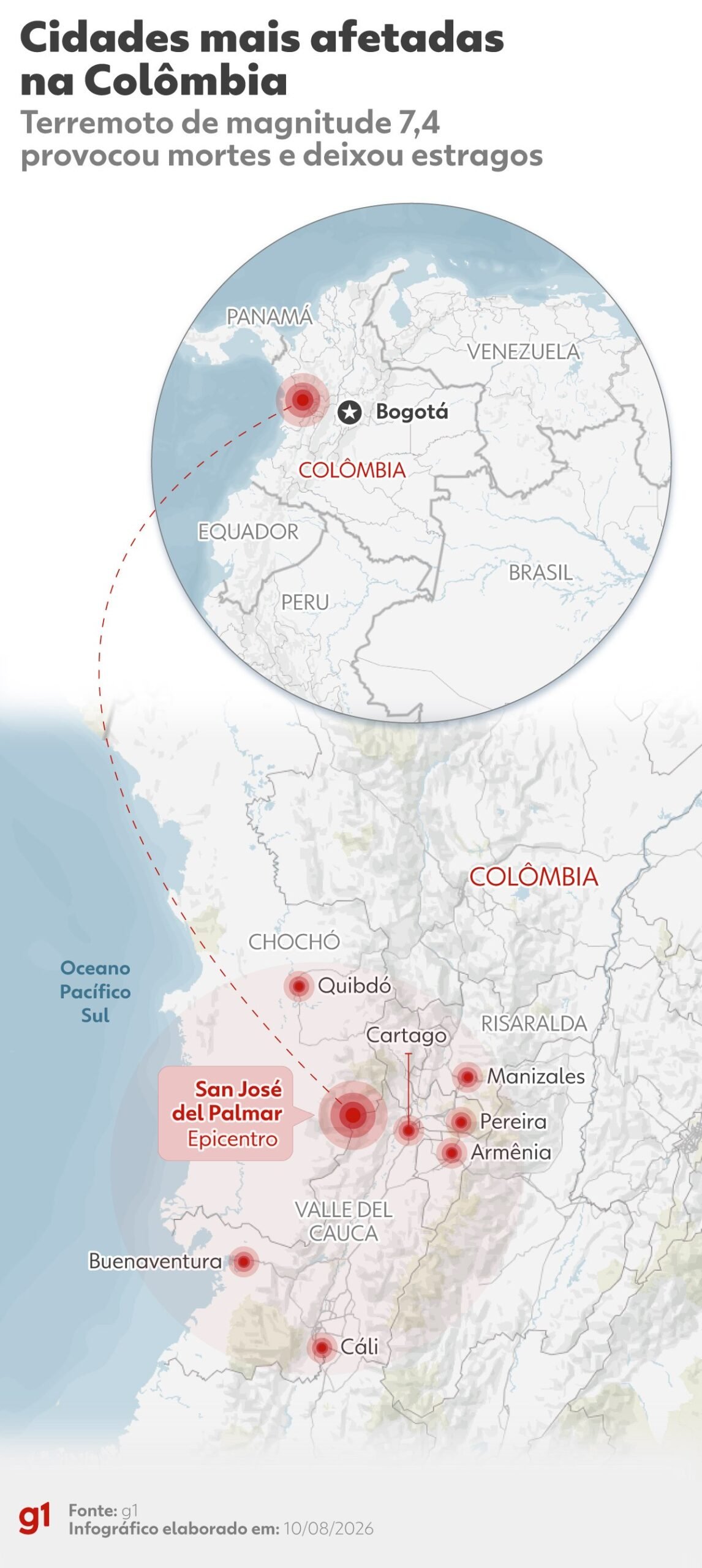MAPA: veja as cidades mais afetadas pelo terremoto na Colômbia