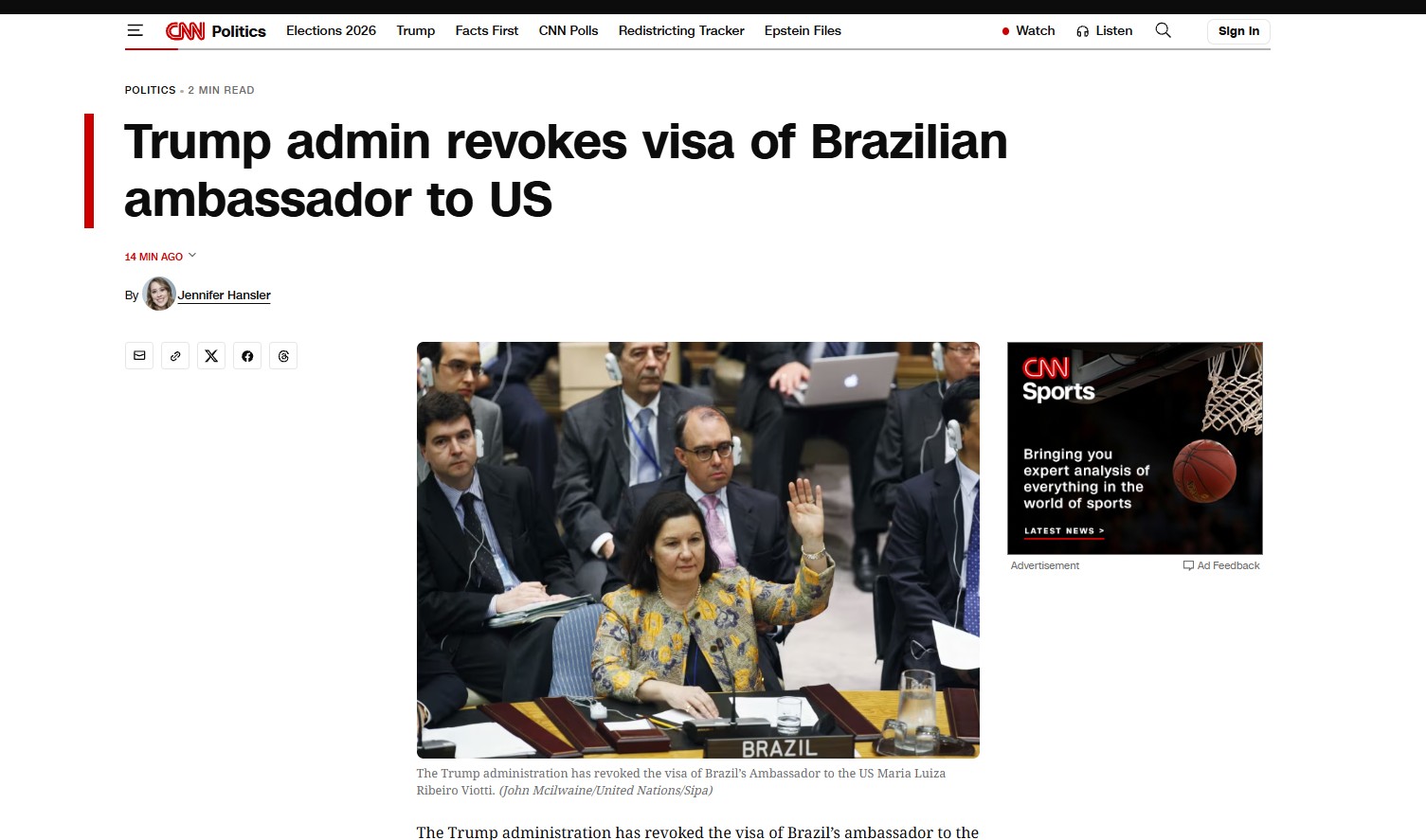 ‘Tensão entre Washington e Brasília’: imprensa internacional repercute visto revogado de embaixadora do Brasil nos EUA