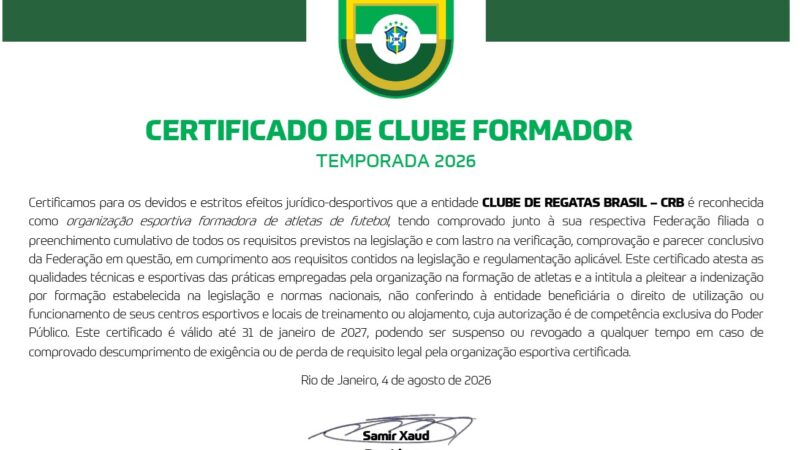 CRB recebe certificado de clube formador da CBF