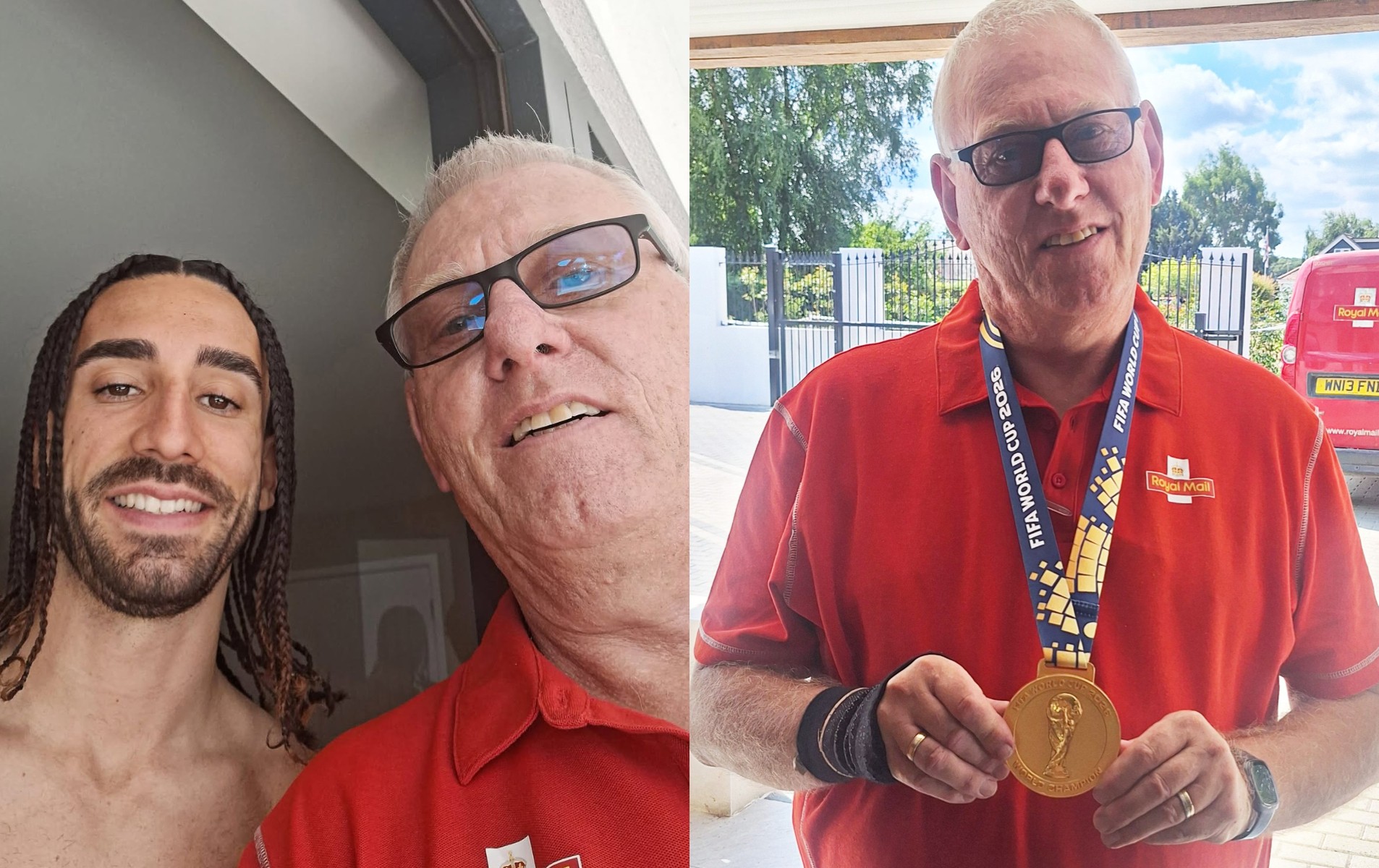 Carteiro posa com medalha da Copa do Mundo ao fazer entrega para Cucurella