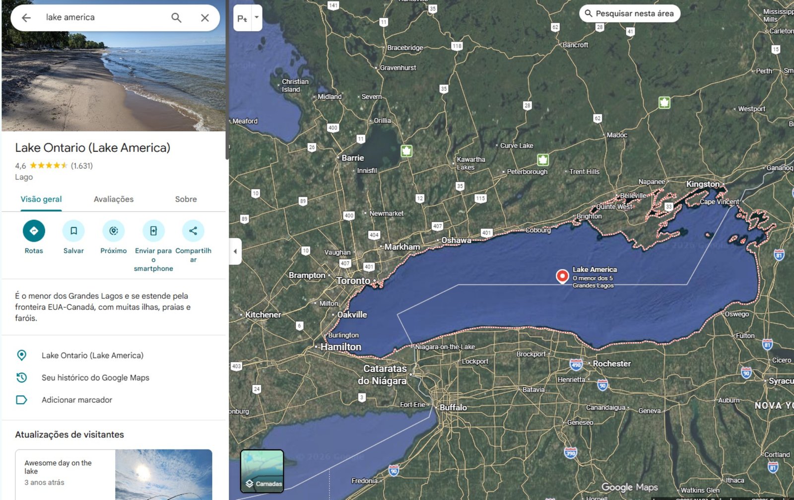 Google Maps muda nome do Lago Ontário para ‘Lago América’ nos EUA após ordem executiva de Trump