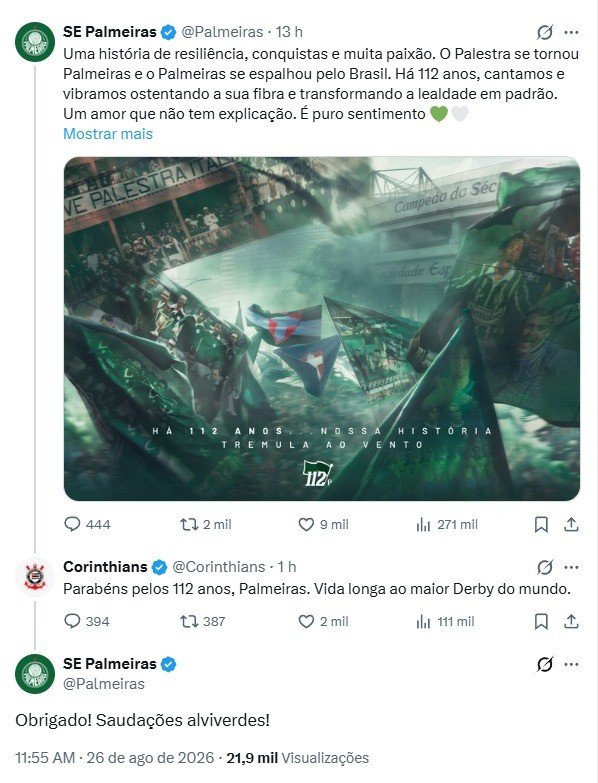 Corinthians parabeniza Palmeiras pelo aniversário de 112 anos: “Maior Dérbi do mundo”