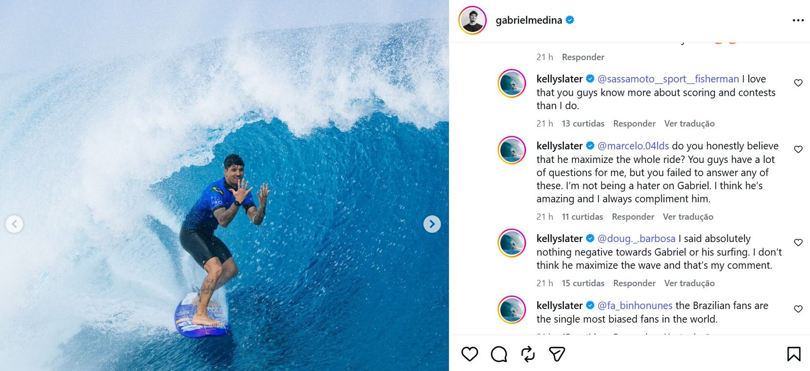 Slater elogia Medina, é criticado por torcida brasileira e rebate: “Fãs mais parciais do mundo”
