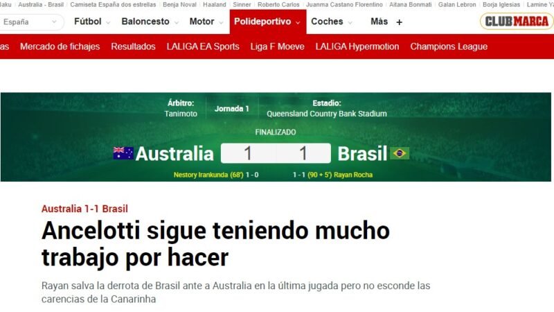 “Ancelotti tem muito trabalho”: jornal espanhol faz crítica à Seleção após empate