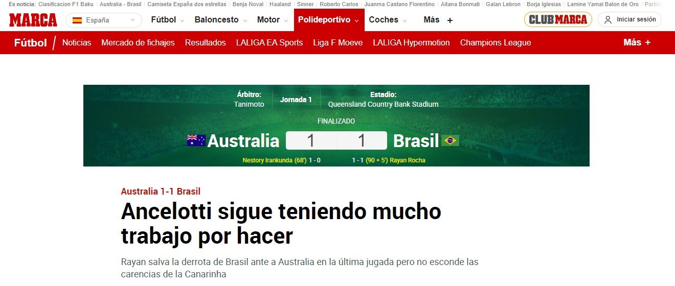 “Ancelotti tem muito trabalho”: jornal espanhol faz crítica à Seleção após empate