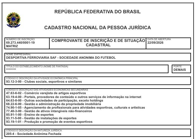 Desportiva Ferroviária obtém CNPJ da SAF e avança para reta final